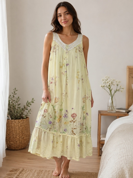 Soft Surroundings Other - Soft Surroundings Pale Yellow Floral Lace-Trim Maxi Cotton Nightgown Size XL